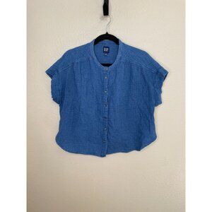 Gap Womens Blue Button-Front Short-Sleeve Blouse M Lightweight Textured Cotton